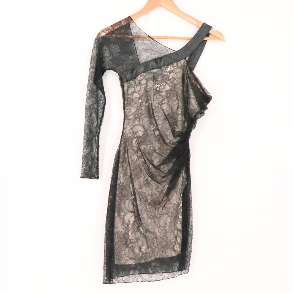 Young by Yoyo Yeung Y2K One Shoulder Lace Dress Womens Size XS Black Asymmetric